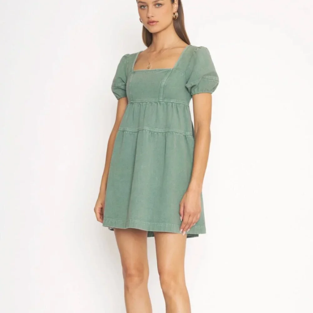 NWT Anthropologie 4SI3NNA Janessa Dress Green Denim Womens Size Large L $128